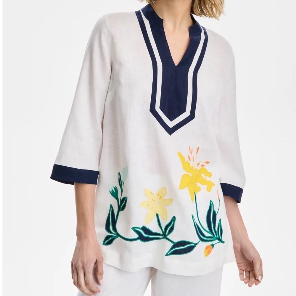 NWT Charter Club Women's Embroidered 3/4-Sleeve 100% Linen Tunic Top Size US XL